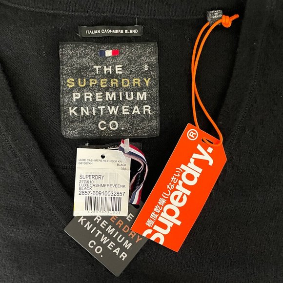 Superdry Premium Luxe Black Cashmere Blend Knit V-neck Pullover Sweater - Picture 8 of 8